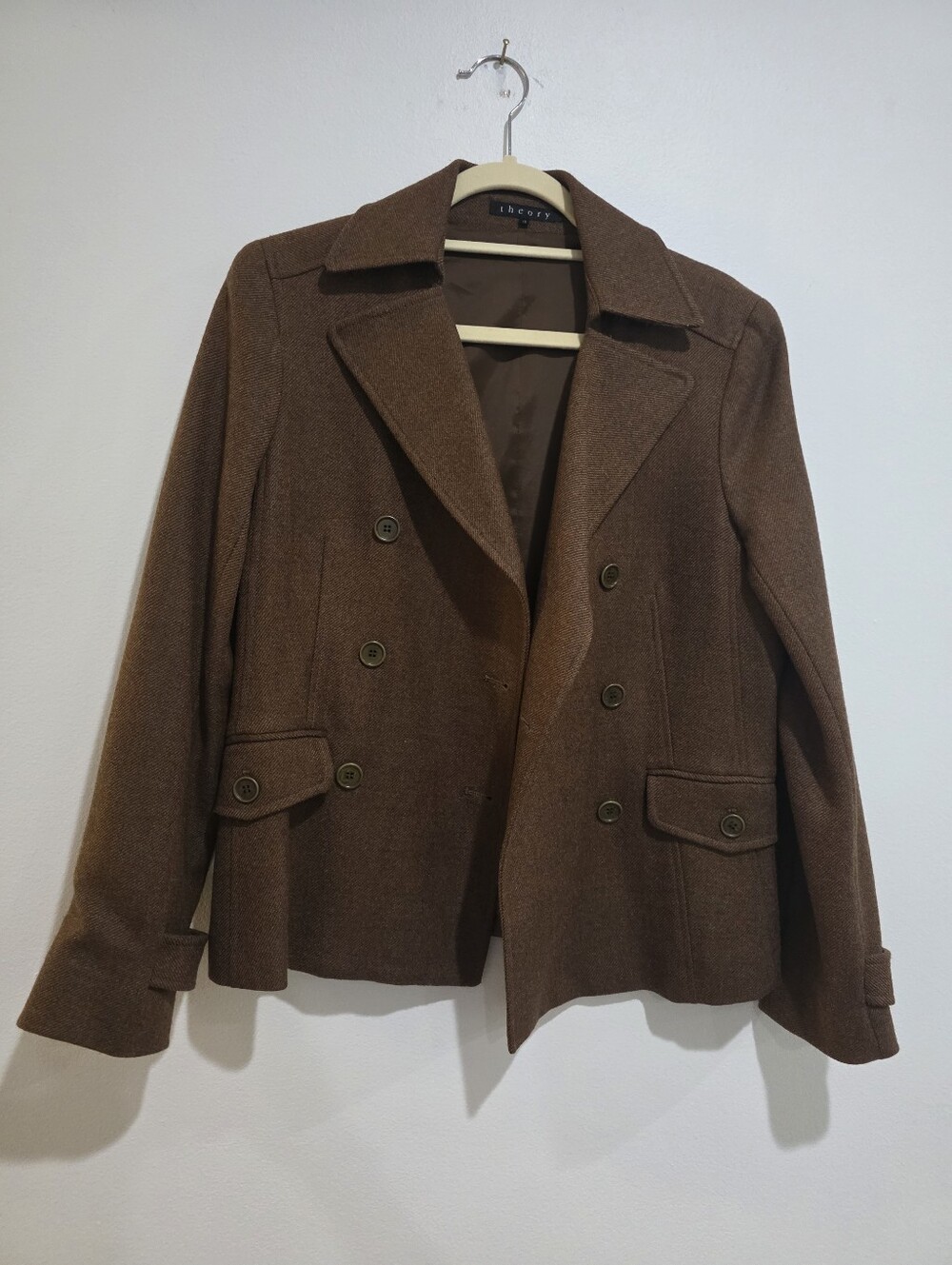 Theory Brown Double-Breasted Wool Pea Coat Usa Made Size 12